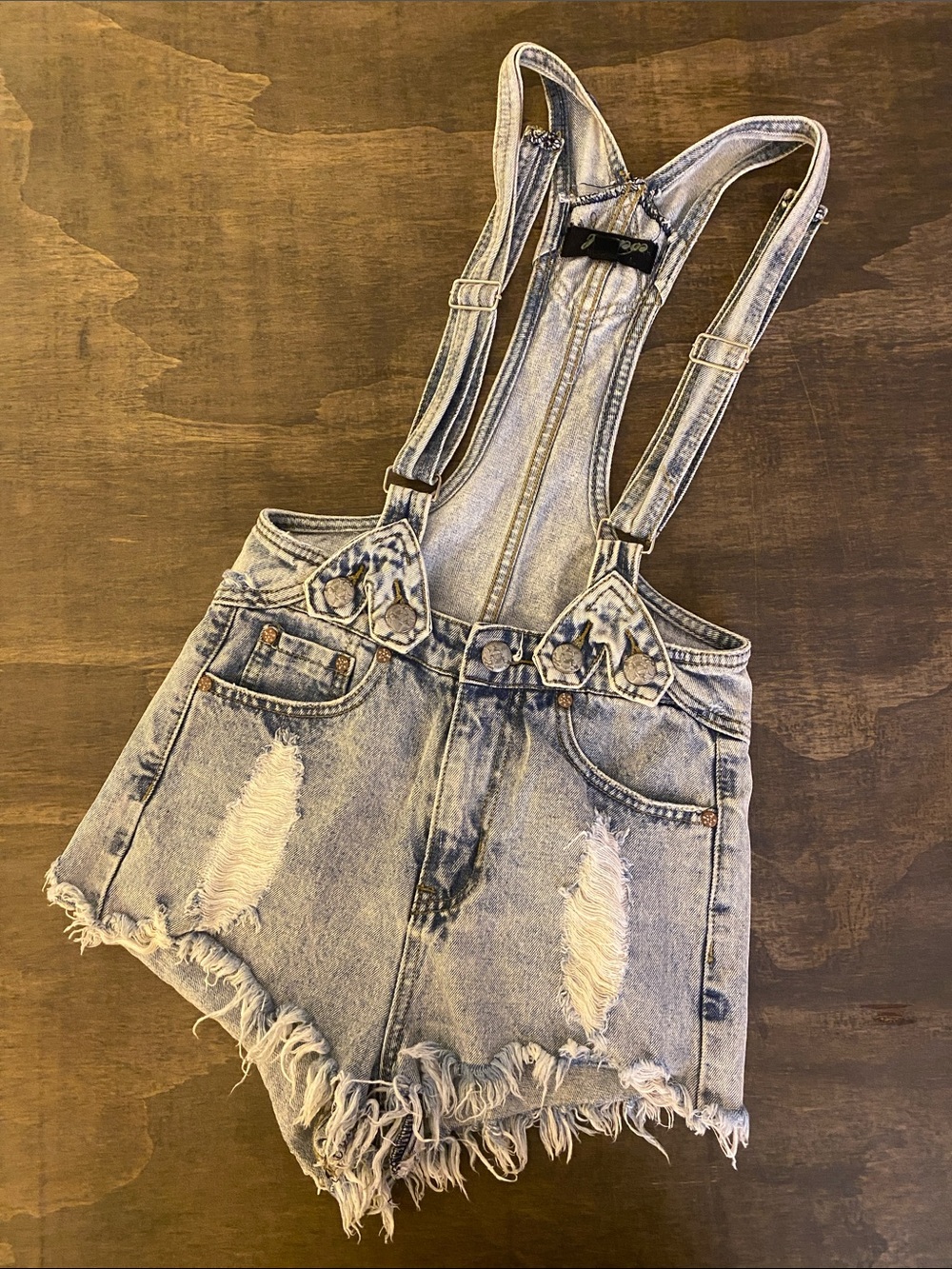 Y2K Denim Distressed Short Overalls Light Blue Frayed Hem